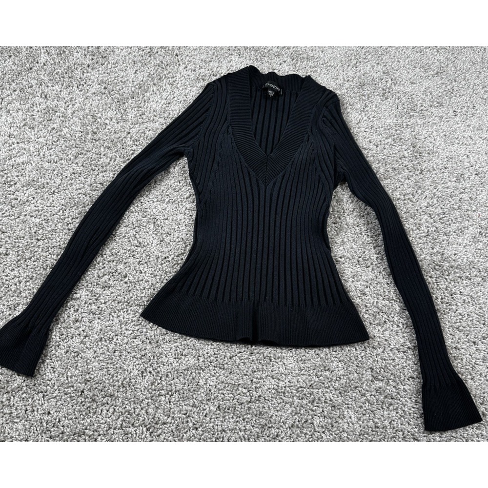 Bebe Womens V Neck Pullover Sweater‎ Ribbed Flared Sleeve Black Large - Read